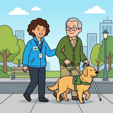 Caregiver assisting senior man with guide dog in park