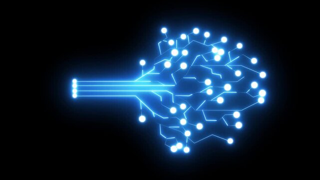 Glowing digital circuit tree animation, abstract technology network background, data flow and connectivity concept