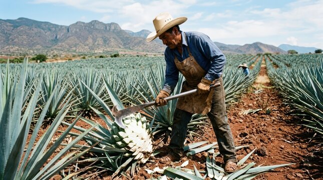 A Mexican jimador (agave farmer) in a wide-brimmed hat and long sleeves, using a sharp, long-handled coa (hoe) to carefully trim the leaves from a mature blue agave plant.