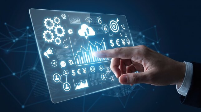 Businessman hand touching futuristic hologram interface displaying global finance icons, cloud computing, gears, and growth charts, digital transformation, virtual reality screen