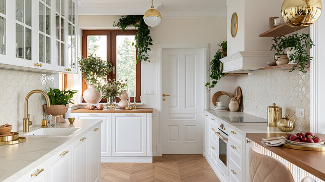 Bright kitchen interior showcasing white cabinets, marble countertops, brass fixtures, wood floor, and decorative plants