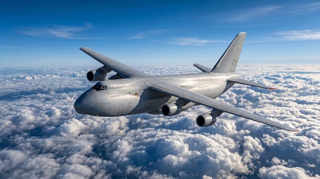 Large cargo airplane flying above the clouds in clear blue sky