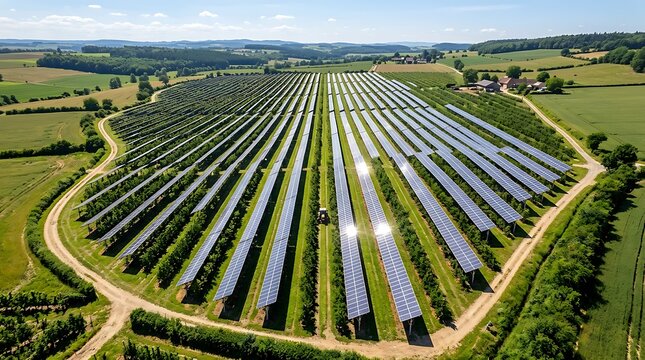 Aerial View of Agri-Photovoltaics Solar Farm Over Green Agricultural Crop Field