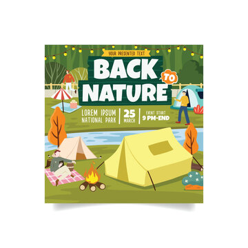 Outdoor Camping Recreation Festival Design with with Tent Picnic and Forest Background