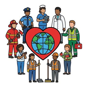 Essential workers and community heroes around heart globe