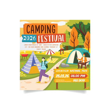 Outdoor Camping Recreation Festival Design with Campfire Tent and Hikers Illustration