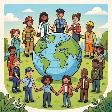 Diverse group of professionals holding hands around the globe