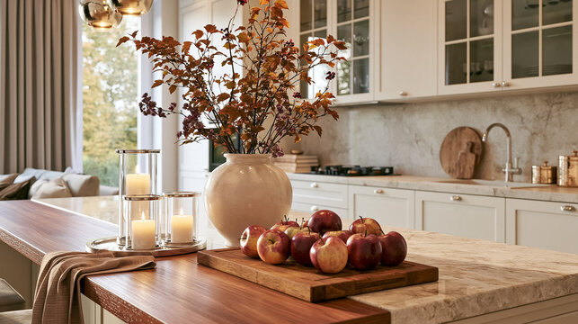 Cozy, elegant kitchen interior with warm lighting, showcasing fresh apples and seasonal decor on a marble and wood countertop