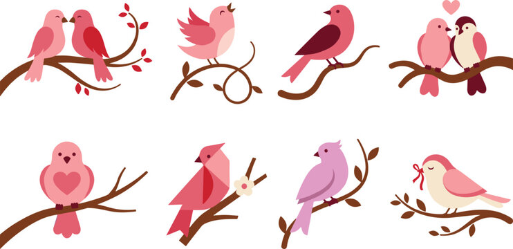 Cute Valentine Day Pink Birds Vector Clipart Set with Romantic Lovebirds Sitting on Tree Branches and Twigs for Wedding, Anniversary, and Greeting Card Designs