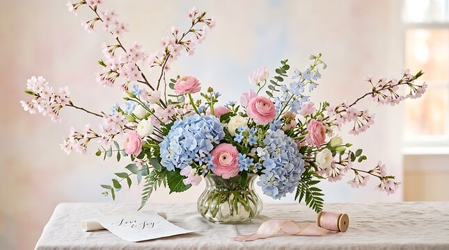 Spring Floral Bouquet in Glass Vase with Cherry Blossoms and Hydrangeas