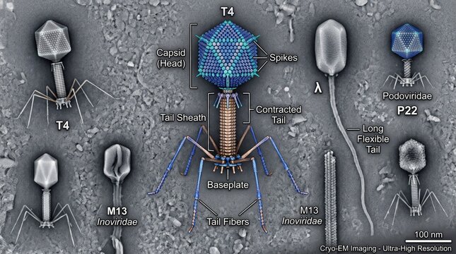 Bacteriophage virus with an icosahedral head and tail fibers on a gray background