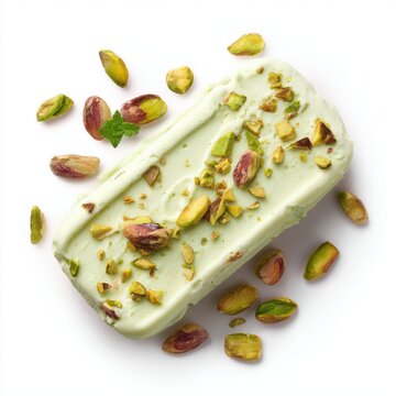 Indian elaichi kulfi ice cream with chopped pistachios isolated on white background