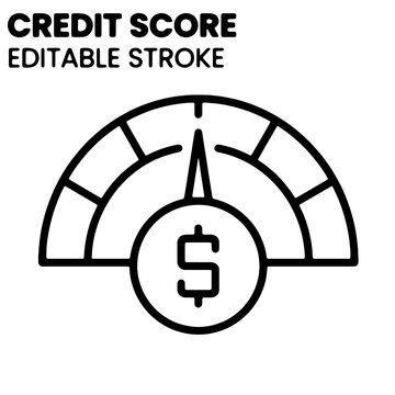 Credit Score Gauge Icon with Dollar Symbol and Editable Stroke for Financial Rating Design