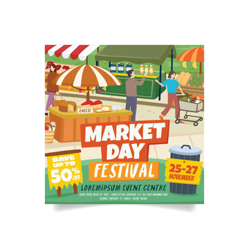 Summer Market Day Festival with Outdoor Stalls and People Illustration