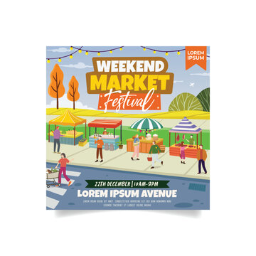 Weekend Market Day Festival Design With Outdoor Stalls and People Illustration