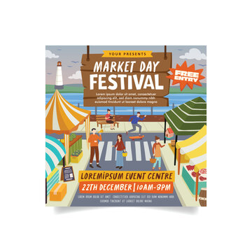 Summer Market Day Festival Design With Outdoor Stalls and People Illustration
