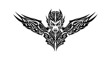 Fototapeta premium Intricate tribal tattoo design featuring a stylized winged creature with a fierce face, rendered in black and white.