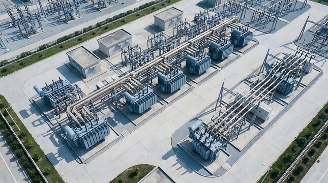 Aerial view of a vast electrical power substation, showing high-voltage transformers and complex grid vital for modern energy transmission and distribution