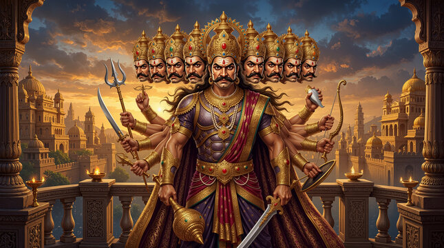 The formidable ten-headed demon king Ravana standing guard over his golden city of Lanka at sunset.