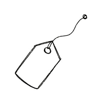 Hand-drawn blank price tag with string loop, monochrome sketch style.