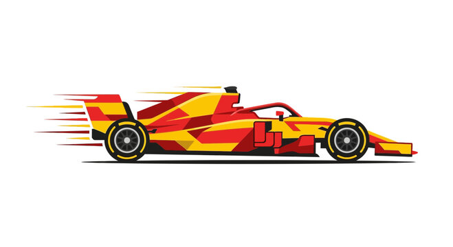 Side profile vector illustration of a generic modern open-wheel racing car in red and yellow livery, featuring aerodynamic bodywork and motion lines on a white background.