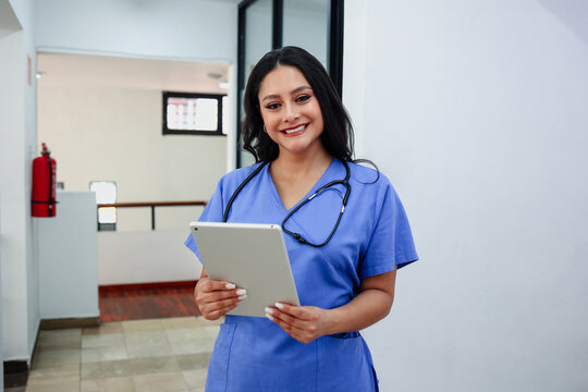 latina woman doctor or nurse portrait in a Mexican Hospital in Mexico Latin America. Hispanic healthcare female worker