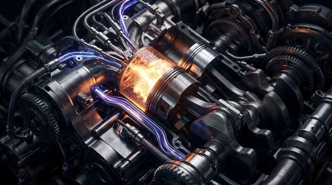 High performance internal combustion engine piston firing with sparks and blue glowing light