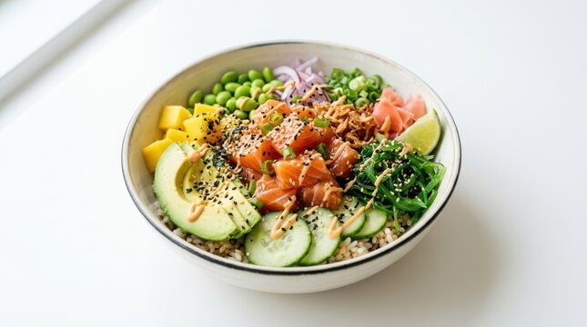 Fresh poke bowl with tuna avocado and vegetables in a bowl