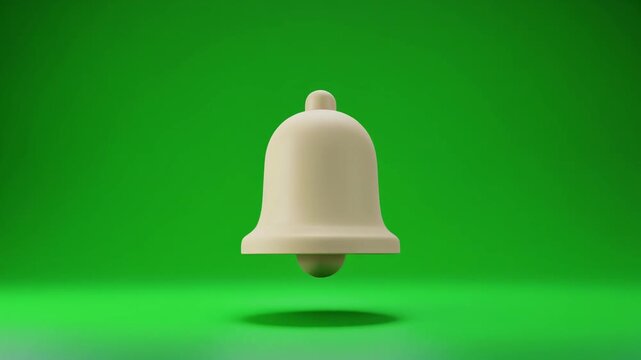 Realistic 3D notification bell gently floating and rotating against uniform chroma green for ecommerce alerts, online shopping updates, customer engagement and digital commerce concepts.