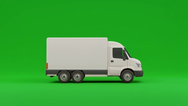 realistic 3D animation of a generic unbranded delivery truck gently floating and rotating against chroma key green for ecommerce logistics, parcel delivery, online shopping and fulfillment concepts.