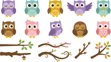 Obraz premium Cute Colorful Owl Clipart Vector Set Featuring Cartoon Bird Characters and Seasonal Tree Branches with Flowers and Leaves for Nursery, Birthday, and Baby Shower Designs
