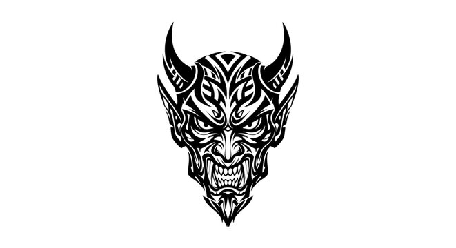 A detailed, stylized black and white illustration of a fierce demon or devil head with horns and intricate tribal patterns, depicting an angry and menacing expression.