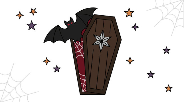 Spooky Halloween Vector Illustration featuring a Gothic Coffin with a Black Bat and Cobwebs for Holiday Decoration
