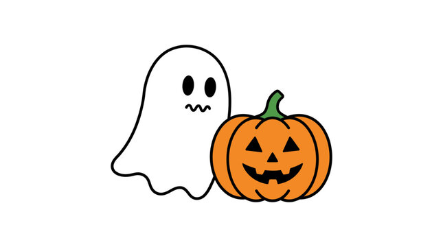 Adorable Cartoon Halloween Ghost and Carved Pumpkin Jack-O-Lantern Vector Illustration for Spooky Season Decorations
