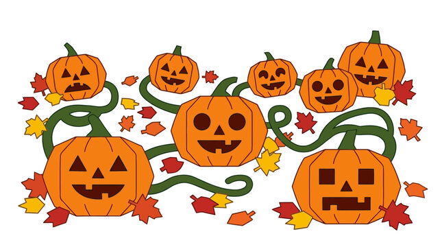 Classic Halloween Jack O Lantern Pumpkins Border with Autumn Leaves Vector Illustration
