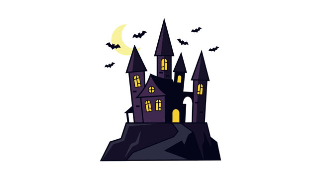 Spooky Halloween haunted castle vector illustration on cliff with glowing windows and bats for horror designs