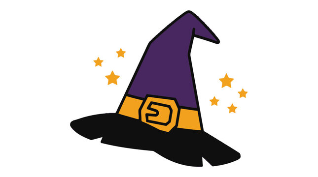 Classic Halloween Witch Hat Vector Illustration with Magical Stars and Buckle on White Background