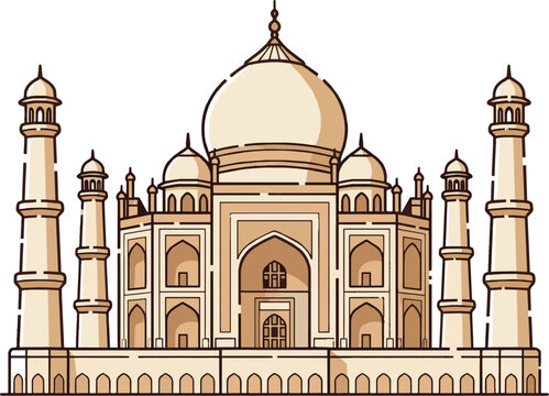 Elegant stylized illustration of the Taj Mahal mausoleum featuring symmetric architecture and iconic domes of India