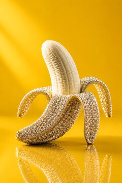Surreal Luxury Banana Decorated with Gold and Sparkling Crystals on Yellow Background