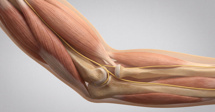Human elbow anatomy showing bicep muscle structure with ulnar nerve pathways and joint bones in a detailed medical educational 3D illustration on a neutral background