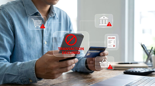 Man holding a smartphone and credit card experiencing online payment decline