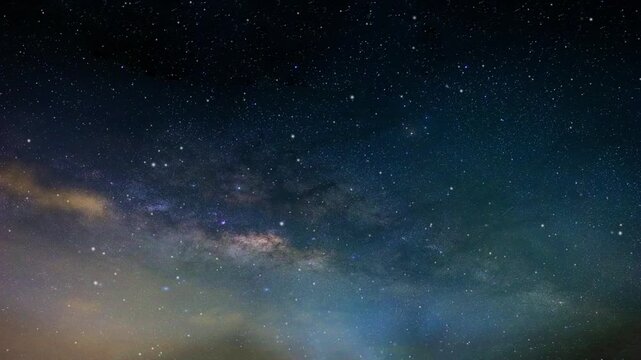 Night scene, mountains under bright colorful milky way galaxy. Space, Space and stars, imitation. Twinkling of pointed stars. Smooth rotation. Small Magellanic Cloud Galaxy exploration on deep space.