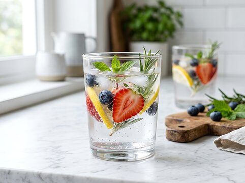 Refreshing Infused Water With Fresh Berries And Herbs Arrangement