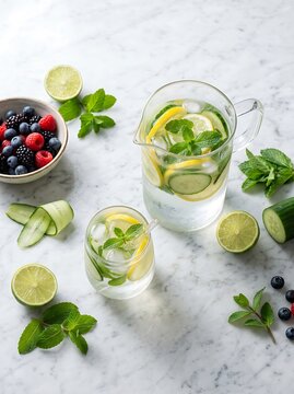 Refreshing Infused Water With Fresh Cucumber Lemon And Berry Garnish