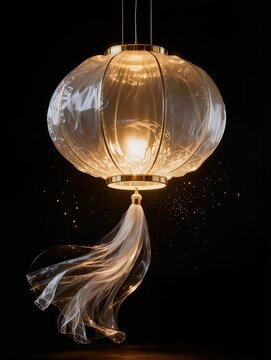 A minimalist traditional Chinese lantern made from transparent crinkled inflatable plastic, elegant spherical shape with a long flowing tassel, warm golden illumination inside
