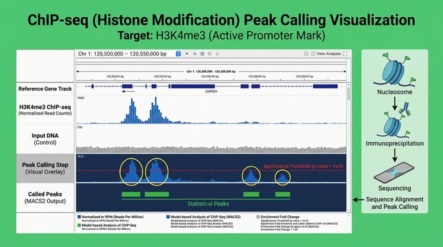 ChIP-seq peak calling visualization of histone modification H3K4me3 genomic data analysis