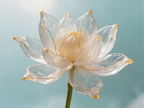 An elegant lotus flower recreated as a transparent inflatable plastic sculpture, layered translucent petals gently opening upward, intricate folds and glossy edges