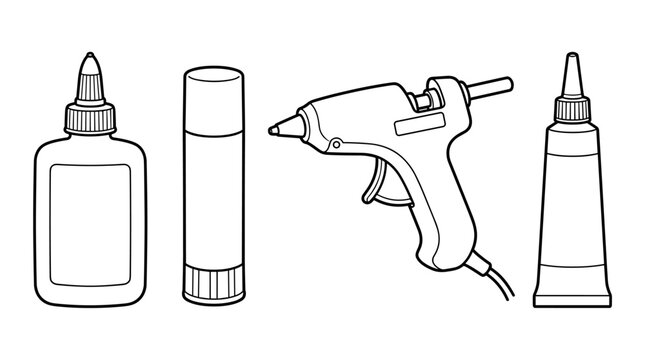 Line art illustration of adhesive products: glue bottle, glue stick, hot glue gun, and adhesive tube, isolated on white.