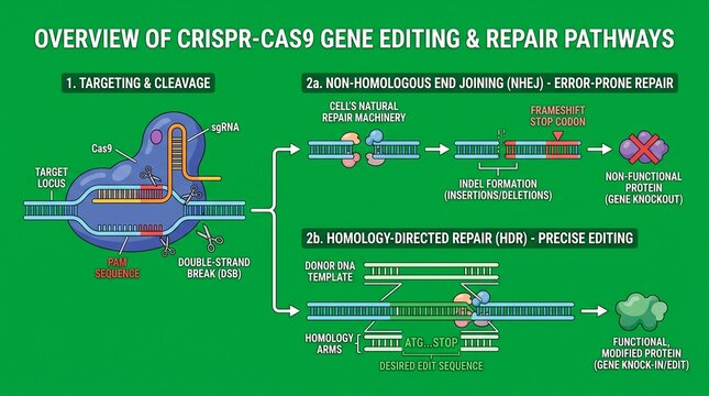 CRISPR Cas9 gene editing and DNA repair pathways scientific infographic diagram