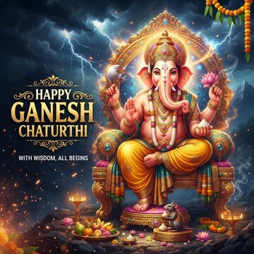 Happy Ganesh Chaturthi Greeting with Lord Ganesha, Lightning and Dramatic Festive Background